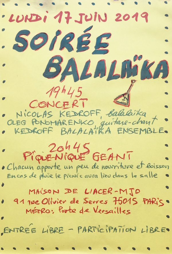 Affiche. Paris. Soirée Concert Balalaïka (Kedroff Balalaïka Ensemble). 2019-06-17